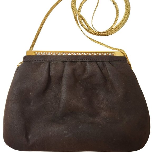 Lisette New York Vintage 60s Crossbody Bag Brown Suede with Rhinestone Clasp - Picture 4 of 12
